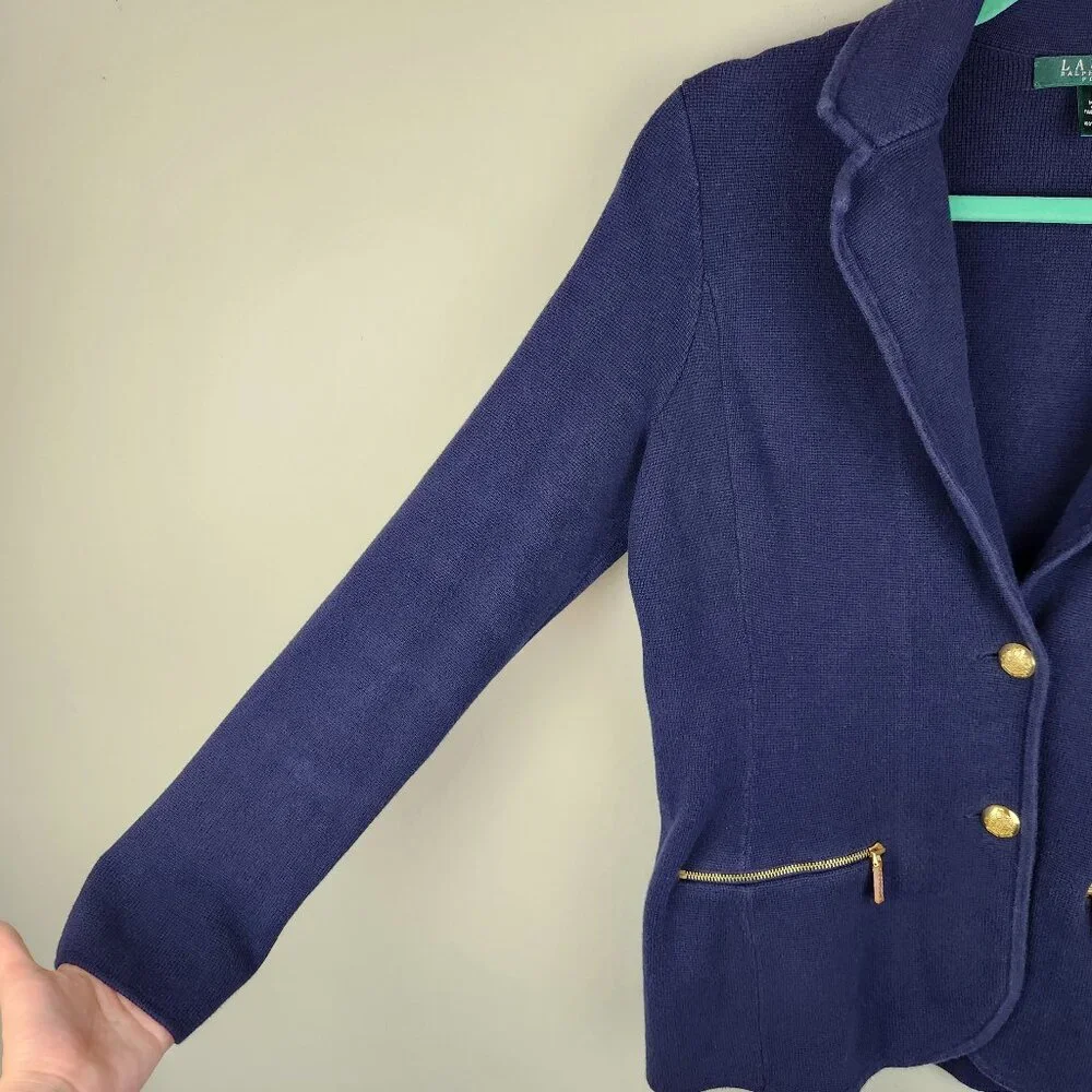 LRL Lauren Ralph Lauren Navy Blue Cotton Knit Sweater Blazer sz PM - Picture 6 of 10